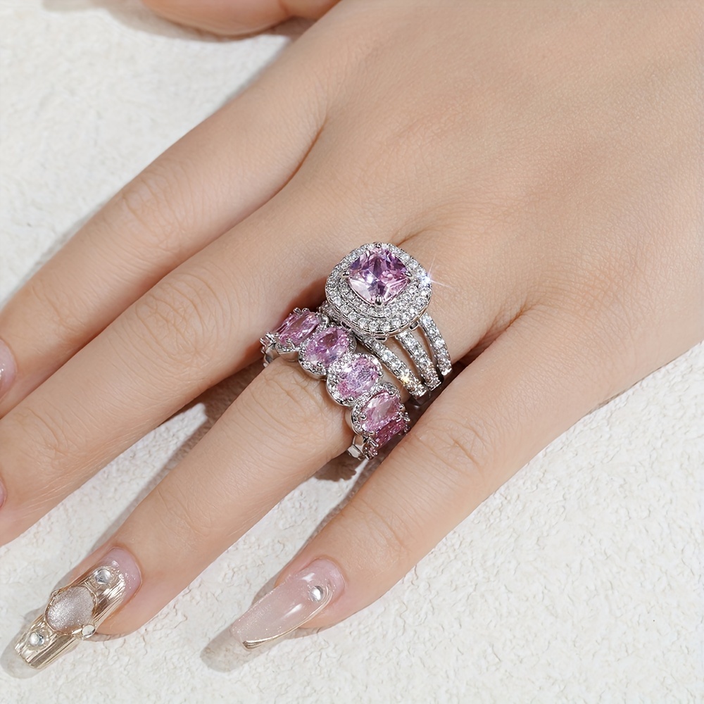 2pcs Cubic Zirconia Pink Gemstone Engagement Rings Bundle